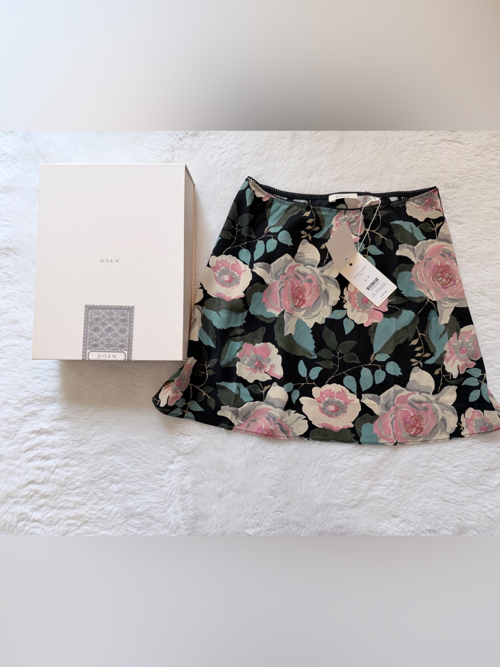 Doen Black Mini Skirt with Pink Rose Floral Print
